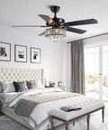 52 Inch Crystal Chandelier Ceiling Fan With Dope Matte Black Finish And Silky Smooth Reversible Blades Featuring A Chill Whisper Quiet Motor Plus Wireless Remote For Bedroom Or Living Room Vibes in a modern bedroom.