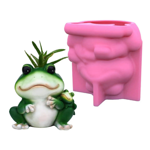 Frogs Planter Silicone Molds For Epoxy Resin And Concrete Crafts, pink silicone mold and green frog planter for indoor use