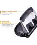 EZ Squeeze Heavy Duty 3 Hole Punch With 40 Sheet Capacity, All Metal Build, Fifty Percent Less Force, Integrated Paper Guide.