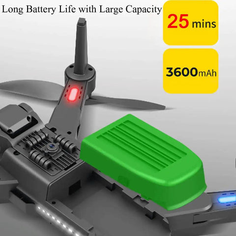 Close-up of 360 Degree Obstacle Avoidance GPS Drone With 4K Camera battery, showing flight duration and capacity in minutes and mAh.