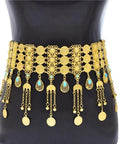 Shimmering Gold Multilayer Coin Waist Chain For Women with turquoise accents, suitable for beach and festival wear.