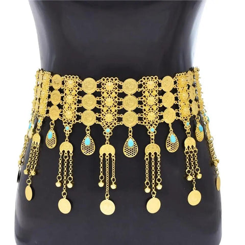 Shimmering Gold Multilayer Coin Waist Chain For Women with turquoise accents, suitable for beach and festival wear.