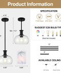puncoll 2 PK 9 Inch Modern Black Clear Glass Pendant Light specifications with dimensions and bulb type suggestions.