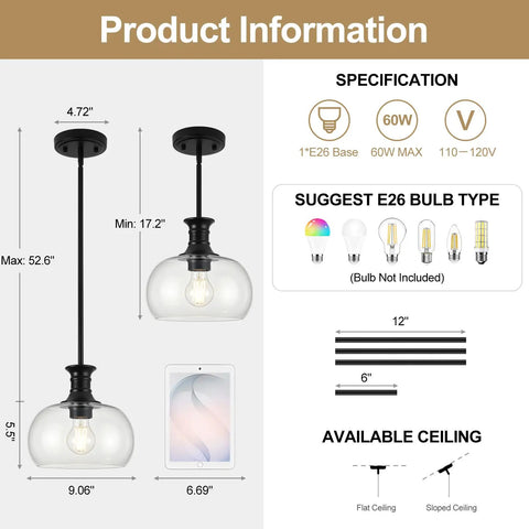 puncoll 2 PK 9 Inch Modern Black Clear Glass Pendant Light specifications with dimensions and bulb type suggestions.