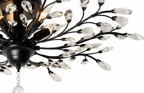 Vintage Crystal Branch Chandelier Flush Mount Ceiling Light In Black Finish With Five Lights, 31.5 Inch Diameter