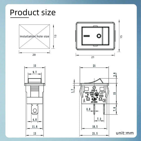 Diagram showing dimensions of KCD1 Power Switch Two Pack 6A 125V and 250V AC Boat Rocker On Off Toggle Switch with Two Pins