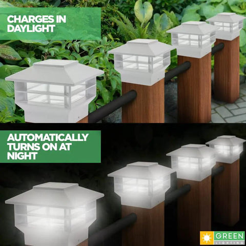 Two Tier Solar Post Cap Lights For Outdoor Posts Fits 4x4 Wood 4x4 And 5x5 PVC Vinyl Fence Posts Waterproof White Lit LED Deck Garden Landscaping 4 Pack in day and night view