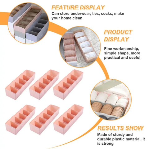 Six Piece Plastic Underwear Organizer Box For Drawer Dividers And Sock Keeper keeps your lingerie tidy with sturdy compartments.