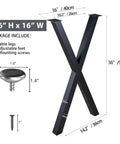 Diagram of 36 Inch Metal Table Legs For Dining And Bar Tables, dimensions, parts like adjustable feet and screws shown