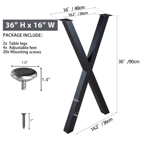 Diagram of 36 Inch Metal Table Legs For Dining And Bar Tables, dimensions, parts like adjustable feet and screws shown