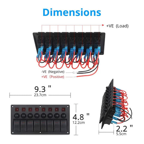 8 Gang Toggle Rocker Switch Panel With Circuit Breaker And Red LED Indicator For 12V And 24V Vehicles Boats RVs Trucks ATVs Yachts And Marine Applications Built Tough Weatherproof Construction With Rubber Seals For Easy Dash Or Console Mounting dimensions diagram