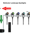 Color Changing Landscape Lights Multicolor Spotlight Set With Remote For Outdoor Garden Yard Lawn Tree Pool Use 5 Pack IP65 Waterproof Transformer Included diagram showing setup components and dimensions