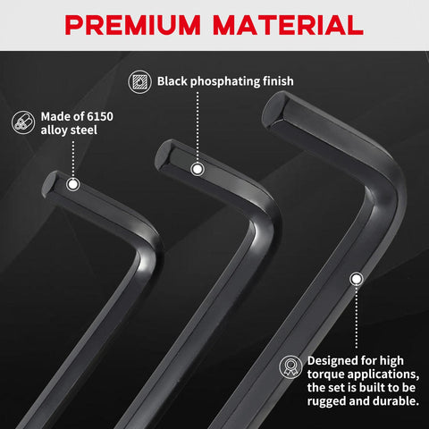 6150 alloy steel hex keys with black finish, part of 30 Piece Hex Key Set With Organizer Case Alloy Steel L Shape Allen Wrenches SAE And Metric Coverage Long And Short Arm Design Black Finish From 0.028 Inch To Three Eighths Inch And 0.7 Mm To 10 Mm Ideal For Bike And Auto Repairs