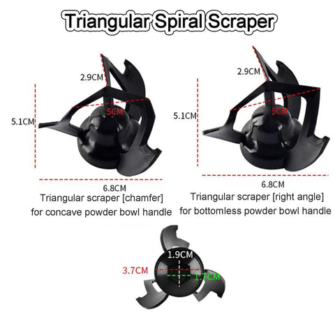 Triangular Spiral Scraper set for espresso preparation, black plastic, includes chamfer and right-angle designs for different bowls.