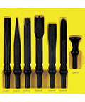 7 Piece Chisel Socket Set for Heavy Duty Jobs with Five Eighth Inch Flat Chisel, Tapered Punch, and Pro Grade Bits displayed.