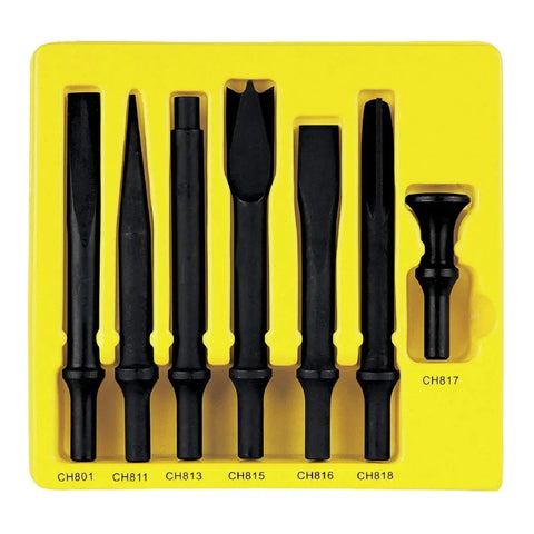 7 Piece Chisel Socket Set for Heavy Duty Jobs with Five Eighth Inch Flat Chisel, Tapered Punch, Straight Punch, more.