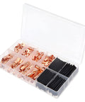 Massive 260 Piece Heat Shrink Tube Kit With Copper Ring Terminals And AWG Wire Connectors Electric Crimp Assortment For Pro DIY Fixes. Clear case with copper ring terminals and black heat shrink tubes for electrical wiring repairs.
