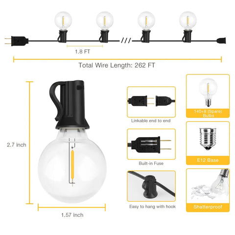 Diagram of 262Ft Outdoor G40 LED String Lights Waterproof Patio Lights Connectable UL Listed With 148 Shatterproof Plastic Bulbs