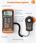 Pro Grade Illuminance Light Meter For Precise Plant Growth Digital Lux Meter With Range Zero To Two Hundred Thousand Lux And Fast Readings Twice Per Second FC To Lux Conversion Pocket Friendly Design For On The Go, orange handheld with photo detector