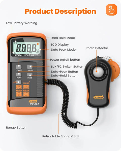 Pro Grade Illuminance Light Meter For Precise Plant Growth Digital Lux Meter With Range Zero To Two Hundred Thousand Lux And Fast Readings Twice Per Second FC To Lux Conversion Pocket Friendly Design For On The Go, orange handheld with photo detector