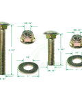 Assorted bolts, nuts, and washers with labeled dimensions illustrating measurements and specifications.