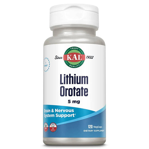 Front view of Lithium Orotate 5 Mg Supplement For Mood Support And Chill Chelated Mineral Formula With Organic Rice Bran Base 120 VegCaps bottle.