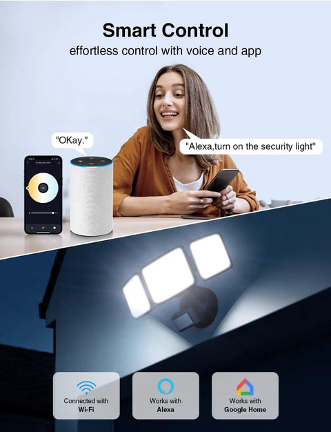 Woman using voice command to control 100W Smart LED Security Flood Light With Motion Sensor via Alexa and app, showing light in use.