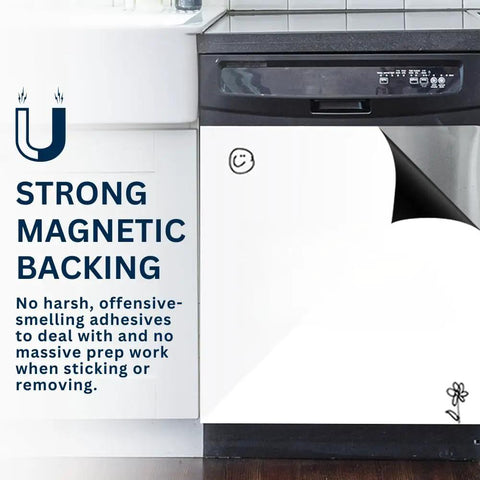 Glossy White Magnetic Dishwasher Cover Front Panel For A Fresh Kitchen Makeover With Reusable Dry Erase Surface 23.5x26 Inches shown on a dishwasher