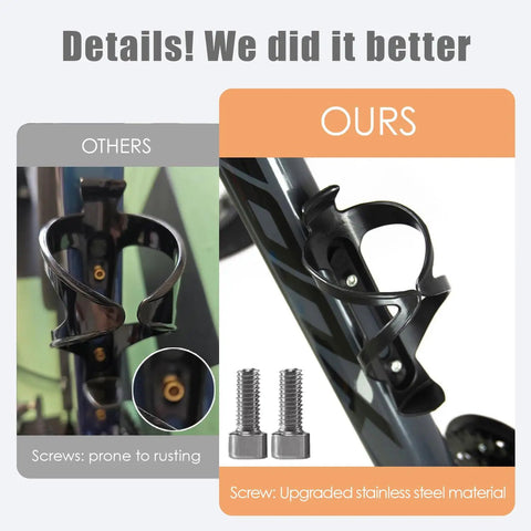 Comparison of bike water bottle holders, highlighting rust-prone screws with new rust-proof stainless steel screws included.