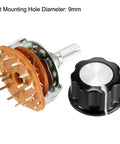 6mm Shaft Band Selector Rotary Switch with four poles, three positions, single deck, 16 pins, mounting nut, and black knob, DIY electronics.