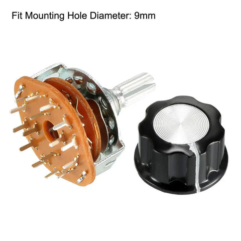 6mm Shaft Band Selector Rotary Switch with four poles, three positions, single deck, 16 pins, mounting nut, and black knob, DIY electronics.