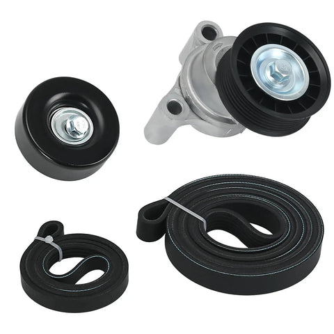 Drive Belt Tensioner And Serpentine Belt Kit With Idler Pulley For Silverado Tahoe Avalanche Yukon Sierra Hummer H2 H3 2009 2013 V8 Engines 4.8L 5.3L 6.0L 6.2L Beefy Replacement Easy Install components on display