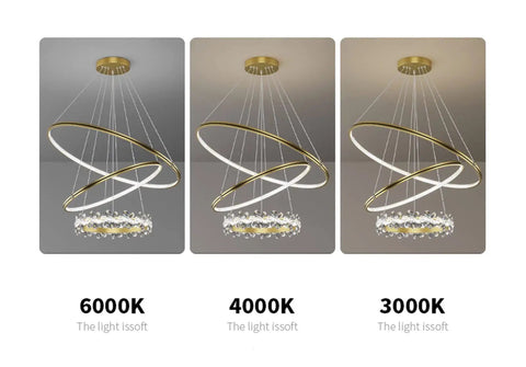 Modern Nordic Pendant Light With Dimmable LED Remote And Layered Acrylic Diffuser displayed in 6000K, 4000K, and 3000K light settings.