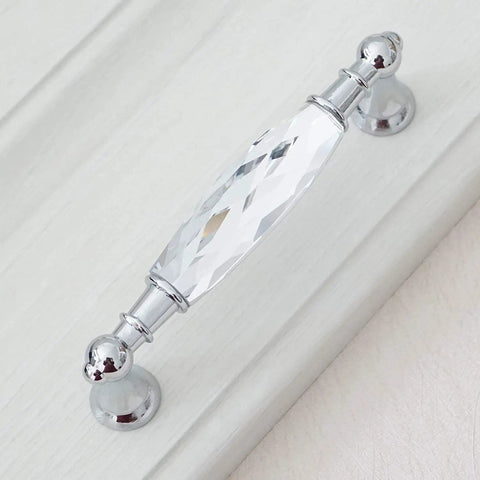 Clear Crystal Glass Cabinet Knobs Pull Handles 3.75 Inch Hole To Hole Silver Chrome Finish 2 Pack on cabinet surface