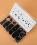 Open box of Black Metal E Clip Set For Shafts 3mm To 22mm 300 Piece Assortment Of Retaining Rings With Calibrated Sizes, visible sizes listed