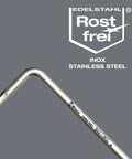 Close-up of a stainless steel hex key with 'Edelstahl Rostfrei' text, part of Stainless Steel Imperial Hex Key Set With Belt Pouch Nine Piece Pro Grade Kit.
