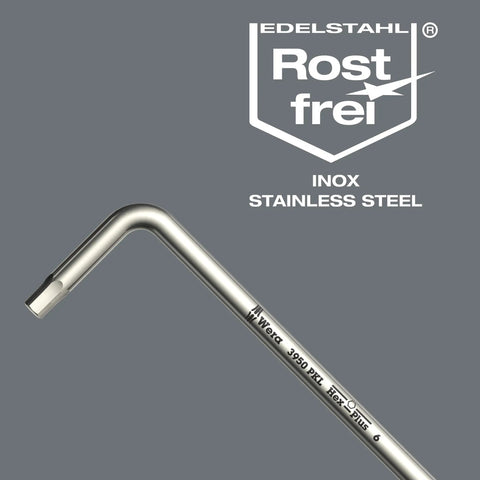 Close-up of a stainless steel hex key with 'Edelstahl Rostfrei' text, part of Stainless Steel Imperial Hex Key Set With Belt Pouch Nine Piece Pro Grade Kit.