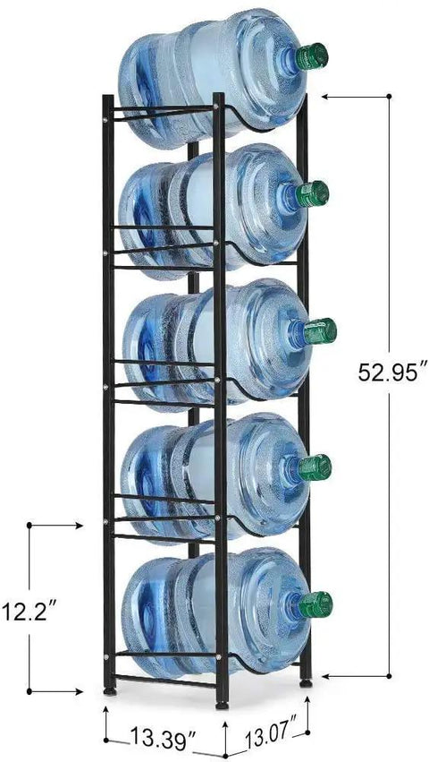 5 Tier Water Bottle Rack For 5 Gallon Dispensers, Heavy Duty Jug Holder with dimensions labeled, bottles on black steel stand.