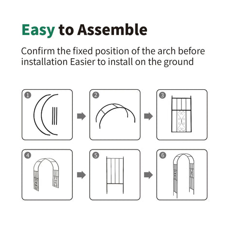 Assembly diagram for Sturdy Black Wrought Iron Pergola Arbor Garden Arch With Ground Spikes 100 Inches High And 45 Inches Wide
