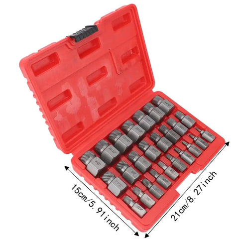 Check Out This Awesome 25-Piece Screw Extractor Set Made From Tough 40Cr Steel Perfect For Yanking Out Stripped Bolts And Broken Studs With Ease Using A Multi-Spline Hex Shank Design To Save Your Time And Money On Any Garage Repair Job You Got. 25-piece 40Cr steel screw extractor set in red case, 15cm x 21cm