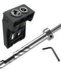 Heavy Duty Plug Cutter Drill Guide Kit Designed To Instantly Hide Pocket Screw Holes For Crisp Wood Finishes showcasing metal drill bit and black guide.