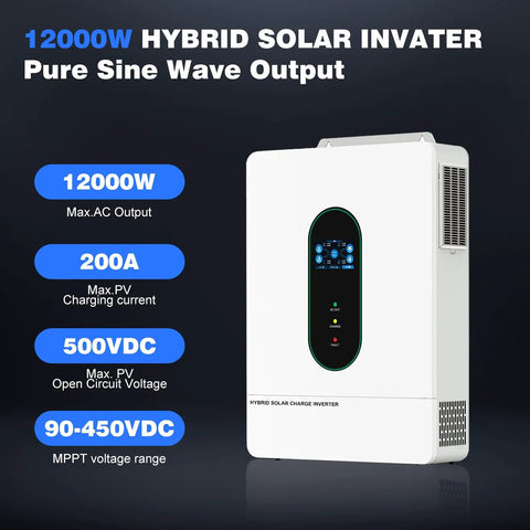 Total Showstopper 12000W Solar Hybrid Inverter With 48V Split Phase And Dual MPPT Controller For Whole Home Backup And Rv Systems With Easy Wifi App Control, front view showing display.