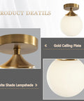 Milk Glass Globe Semi Flush Mount Ceiling Light With Gold Brass Finish Mid Century Modern Style For Hallway Entryway And Bedroom Retro Vibe Brass Ceiling Fixture With Elegant Glass Shade And Contemporary Charm featuring gold ceiling plate and white lampshade.