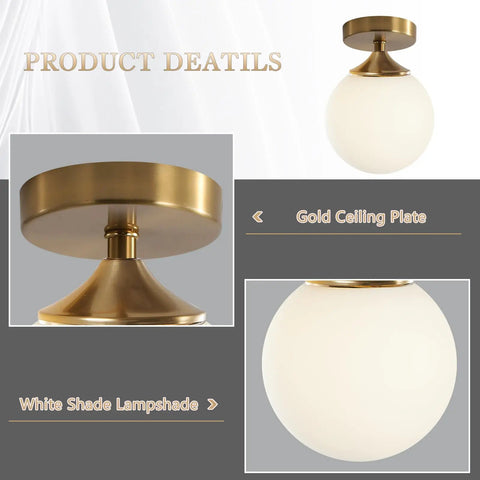 Milk Glass Globe Semi Flush Mount Ceiling Light With Gold Brass Finish Mid Century Modern Style For Hallway Entryway And Bedroom Retro Vibe Brass Ceiling Fixture With Elegant Glass Shade And Contemporary Charm featuring gold ceiling plate and white lampshade.