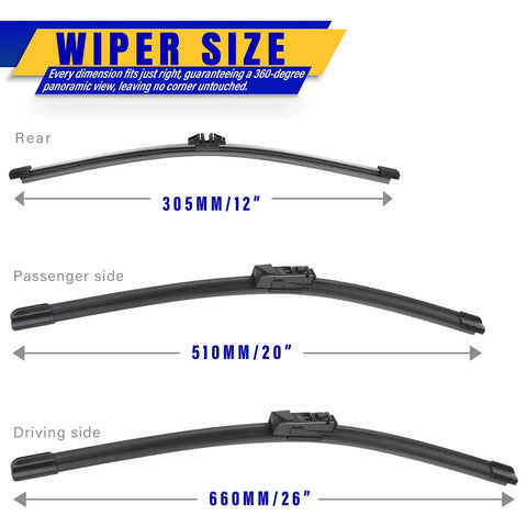Replacement Windshield Wiper Blades Set For 2018 2022 BMW X3 And 2019 2022 BMW X4 Front Wipers sizes shown 26-inch 20-inch 12-inch.