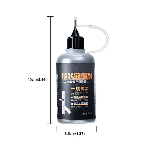 Front view of Dry Graphite Powder Lubricant For Locks And Hinges, 23g bottle with nozzle for precise application.
