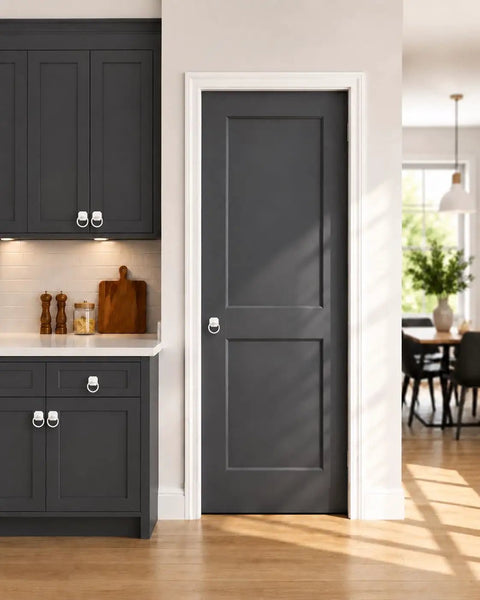 Two Pack Ceramic White Cabinet Ring Pulls With 1.6 Inch Backplate on dark gray kitchen cabinets and door