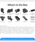 Image showing contents of box for Ronin 4 Axis Cinema Camera 8K Combo Kit With DL PZ 17 To 28mm T3 ASPH Lens Built For Ultra Crisp Cinematic Footage Crazy Smooth Stabilization Pro Grade Look On Location Or In Studio, including camera body, lens, grips, and accessories.
