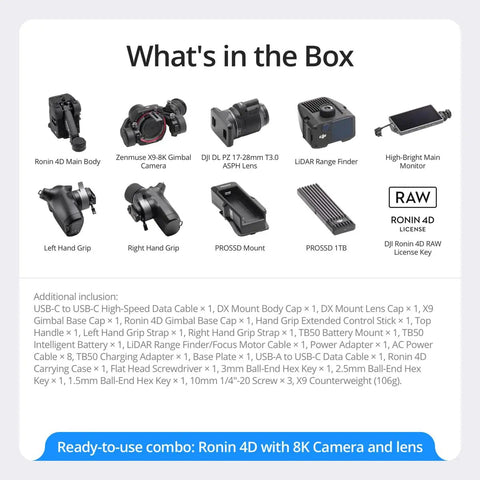 Image showing contents of box for Ronin 4 Axis Cinema Camera 8K Combo Kit With DL PZ 17 To 28mm T3 ASPH Lens Built For Ultra Crisp Cinematic Footage Crazy Smooth Stabilization Pro Grade Look On Location Or In Studio, including camera body, lens, grips, and accessories.