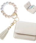 RFID Keychain Wallet Wristlet for Women with coin pocket and ID window, beaded wristlet, detachable metal rings, beige color